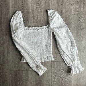 Reformation White Linen Smocked Top